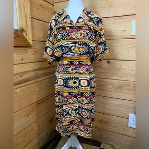 Vintage Silk Aztec Patterned Midi Dress Women’s 8 Burnt Orange Mustard Yel Retro